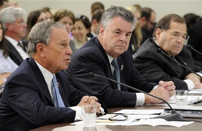 New York City Mayor Michael Bloomberg, left, accompanied by House Homeland Security Committee Ranking Republican Rep. Peter King, R-N.Y., center, and Rep. Jerrold Nadler, D-N.Y., right, testifies on Capitol Hill before the House Energy and Commerce subcommittee in this July 31, 2008 file photo. (AP Photo/Susan Walsh)