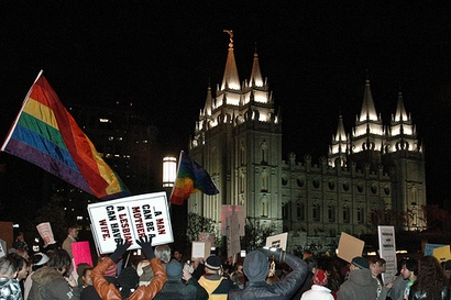 Thousands of people protest in front of the Salt Lake Temple against the Mormon Church's role in the passage of proposition 8 in California, in this Nov. 7, 2008 photo. The rally included a march around the two city blocks surrounding Temple Square and the Church Office Building. (Photo and caption submitted by John Langford)